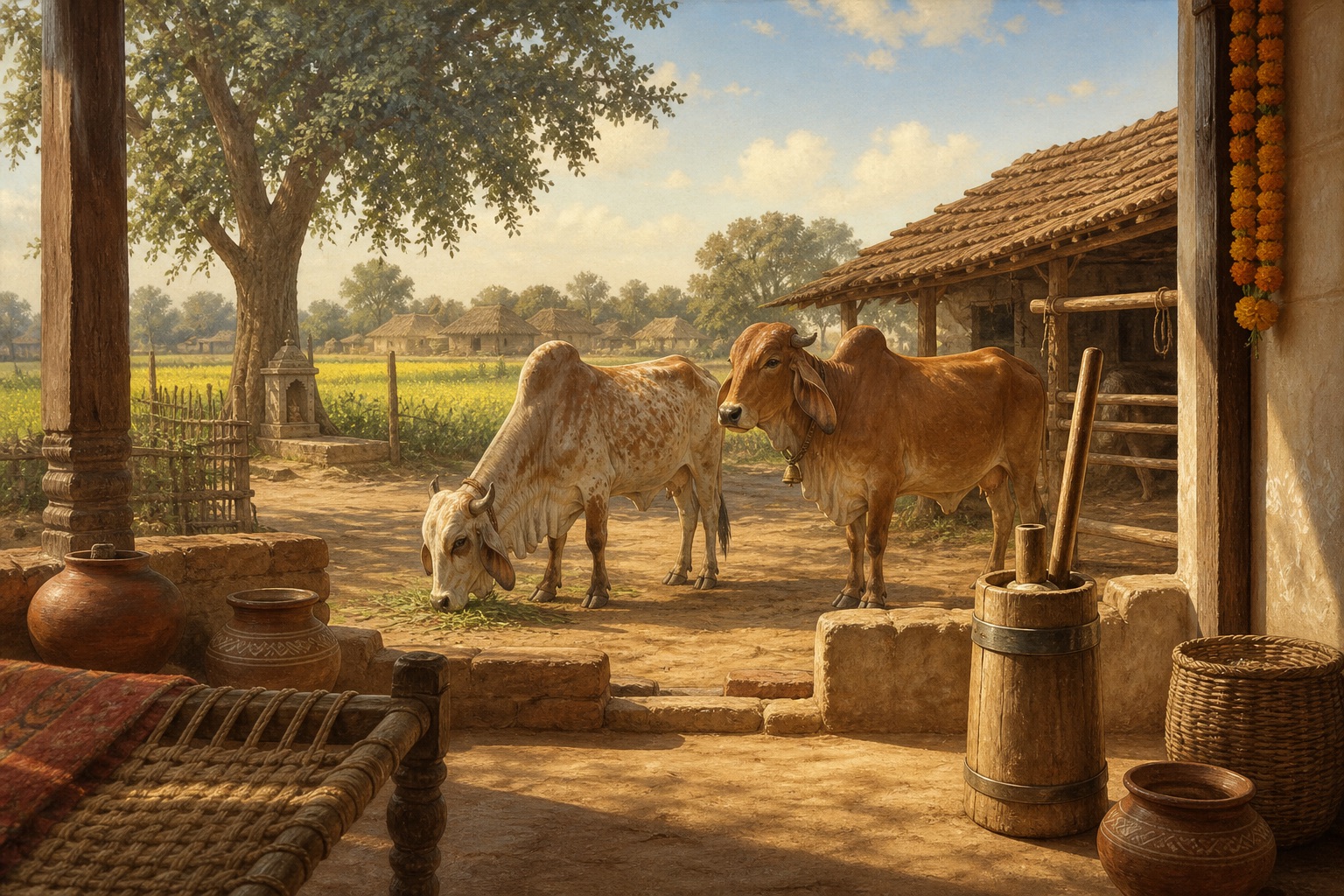 Indian village courtyard at morning — desi cows grazing beyond clay pots and a wooden bilona churn, mustard fields and peepal trees under a clear sky