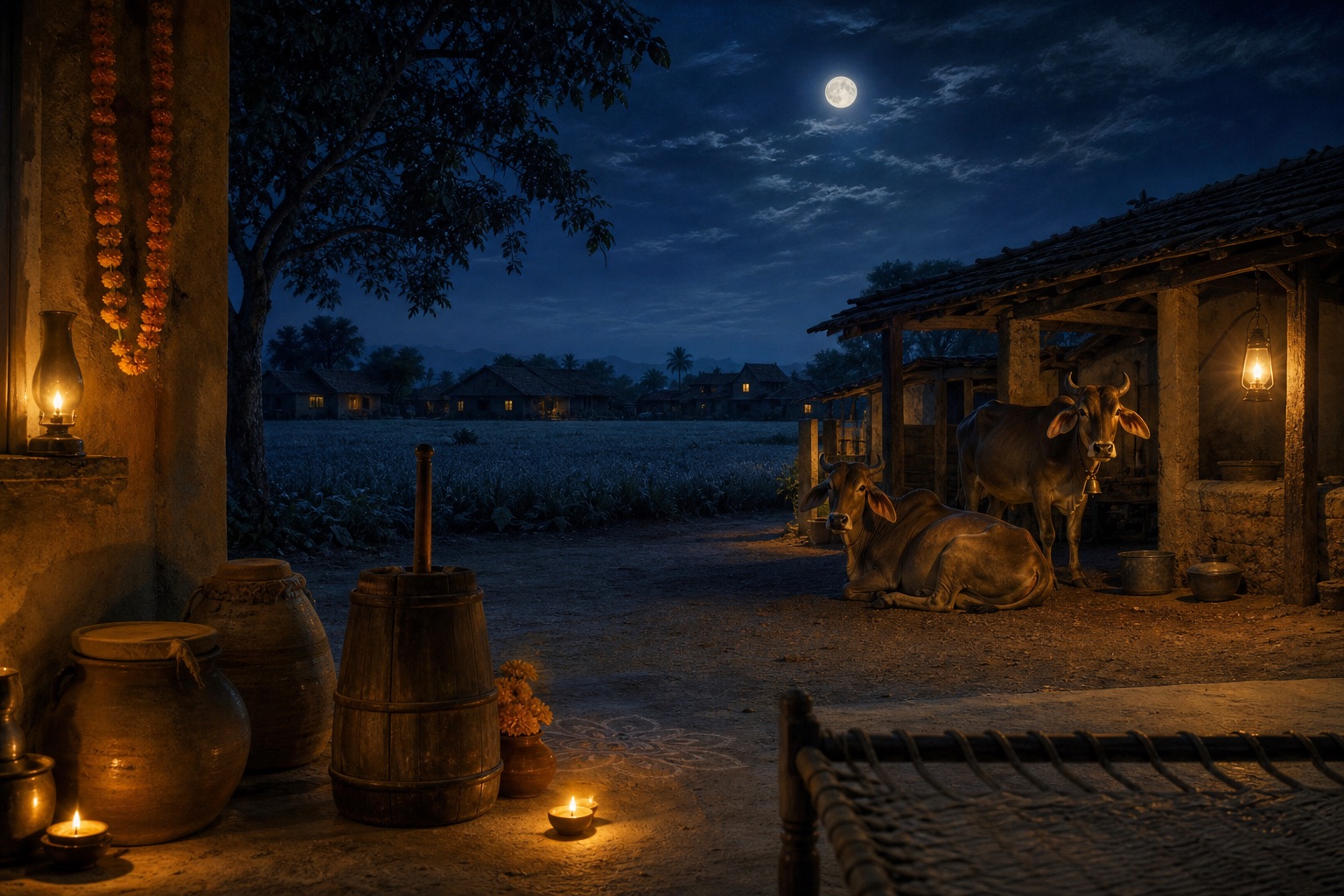 The same village courtyard at night — moonlit fields, warm diya glow on the verandah, cows resting by the shed